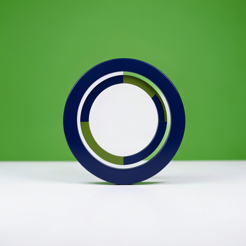 Abstract circular emblem in deep navy blue and olive green, suggesting collaboration and innovation, on a clean white studio backdrop