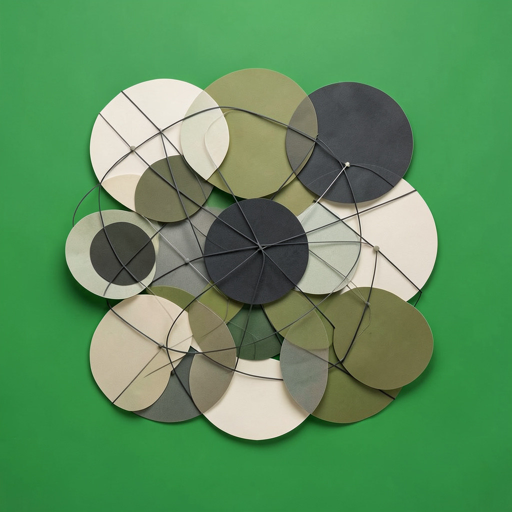Abstract collage of interconnected circles and lines in muted olive, charcoal, and cream tones, evoking networks and knowledge exchange