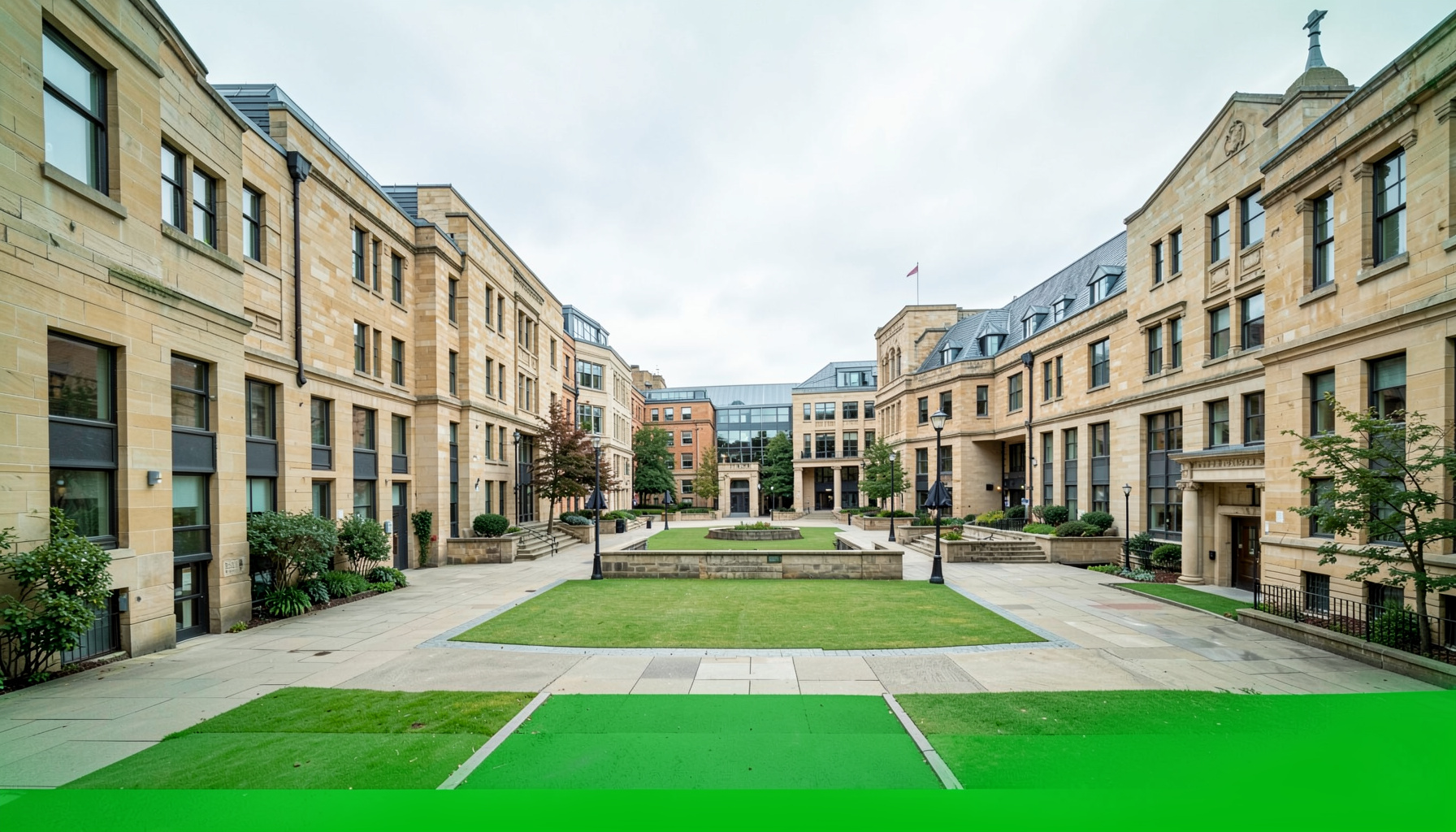 Wide view of a modern university campus courtyard with sandstone buildings under a soft overcast sky, calm academic atmosphere