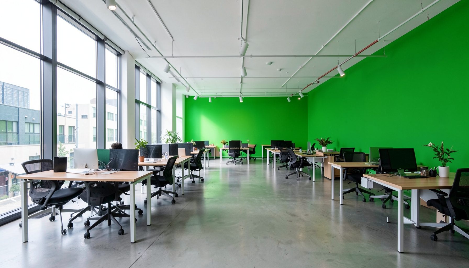 A sleek innovation centre interior with open-plan collaborative spaces and natural light streaming through large windows