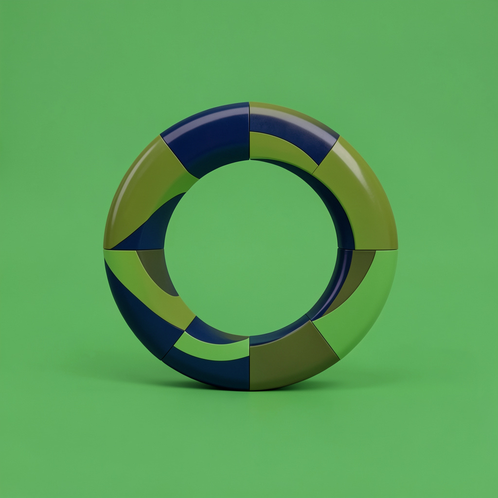 Circular abstract motif in olive green and navy, symbolizing the convergence of academia, government, and industry
