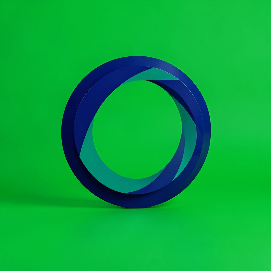 Abstract circular emblem in deep blue and teal tones, suggesting collaboration and innovation